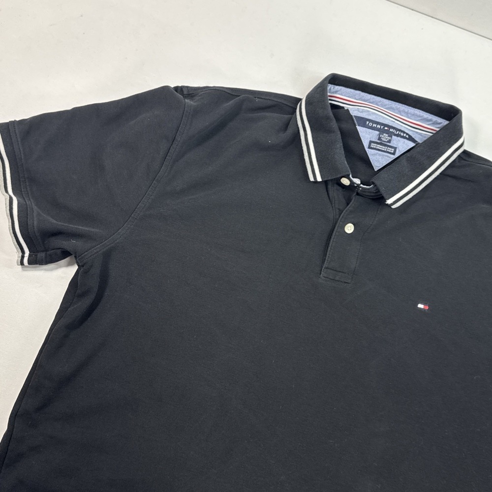 Vintage Tommy Hilfiger Black Performance Pique Polo Shirt Men's XXL Stripped